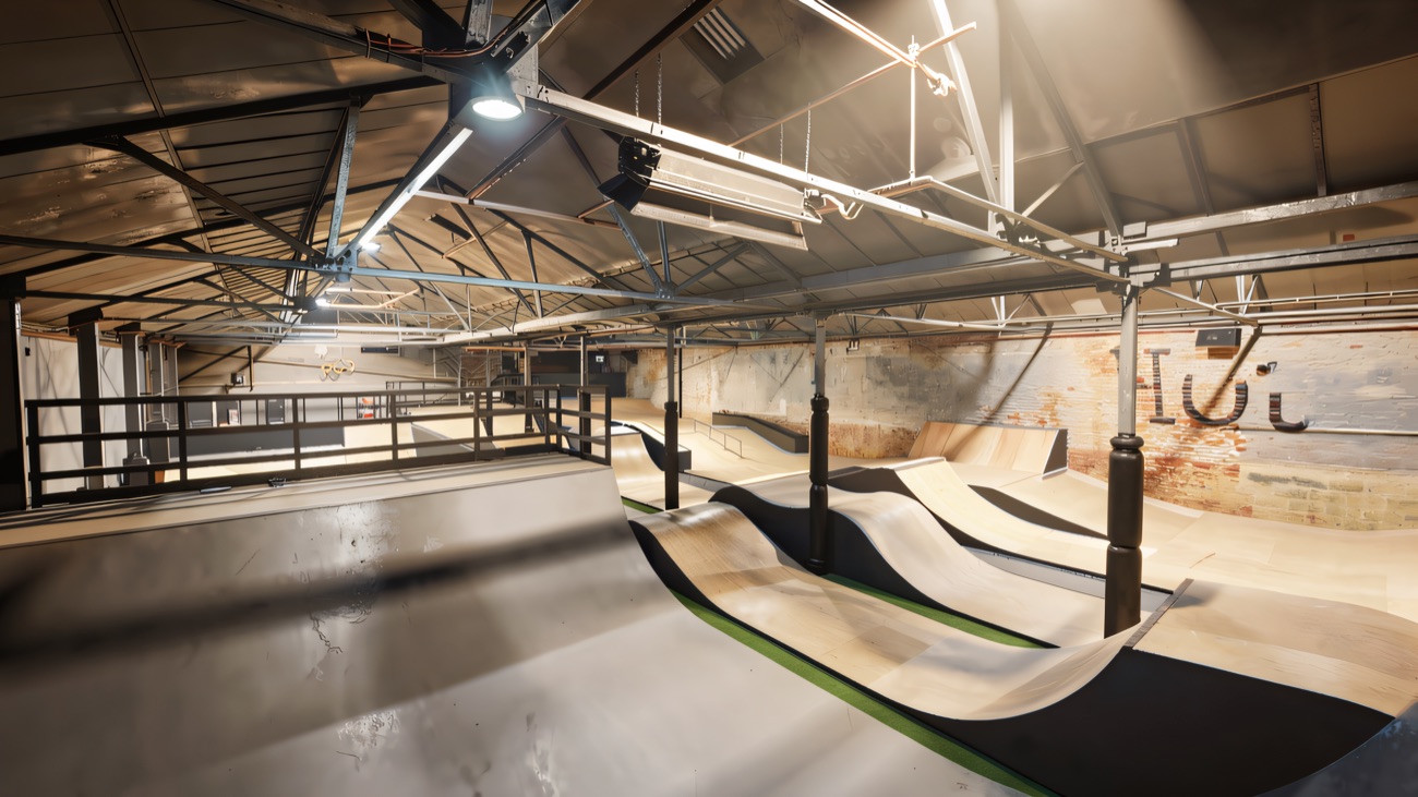 The indoor wooden park, ramps and rollers under the roof lights