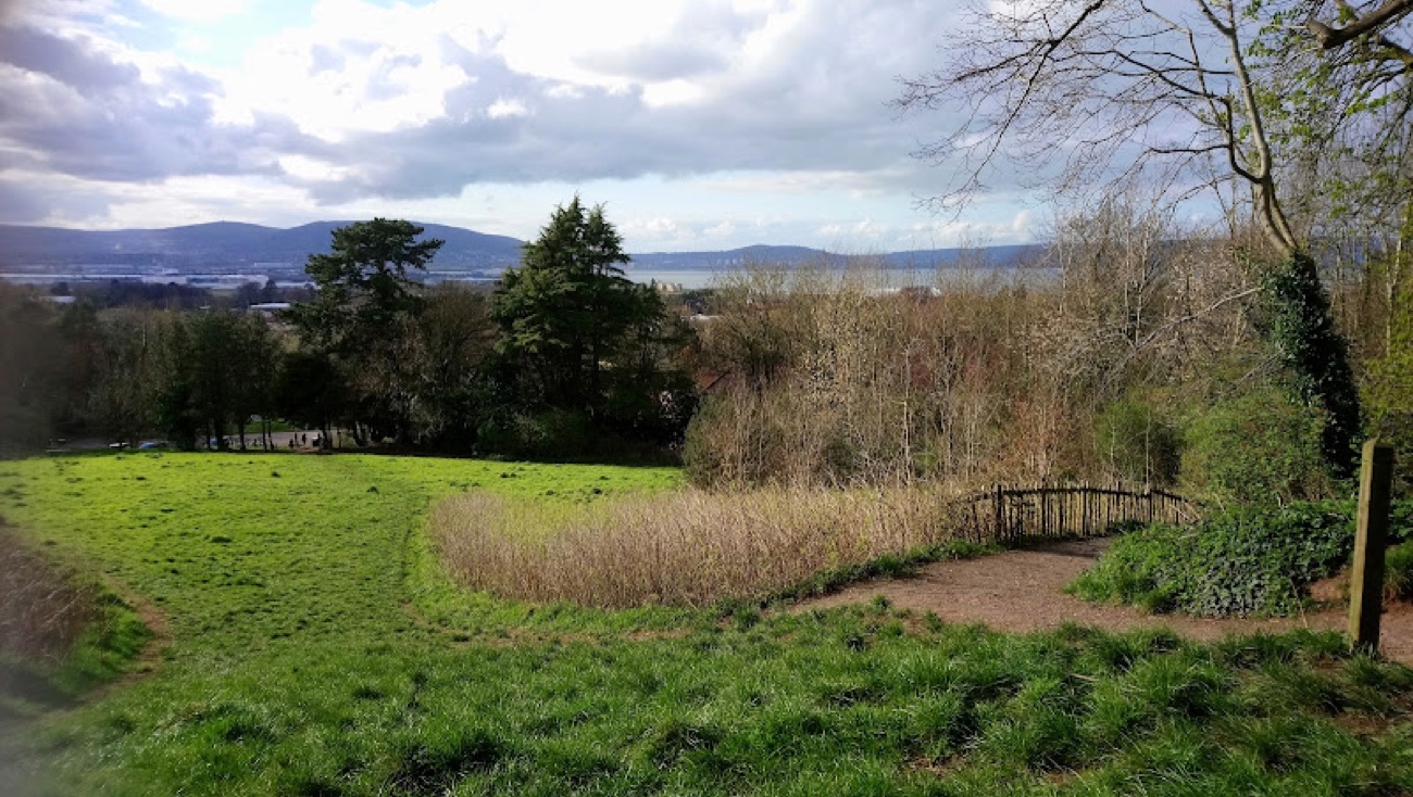 Open meadow on the Redburn hillside with a gravel path and glimpses of Belfast Lough and distant hills beyond the trees