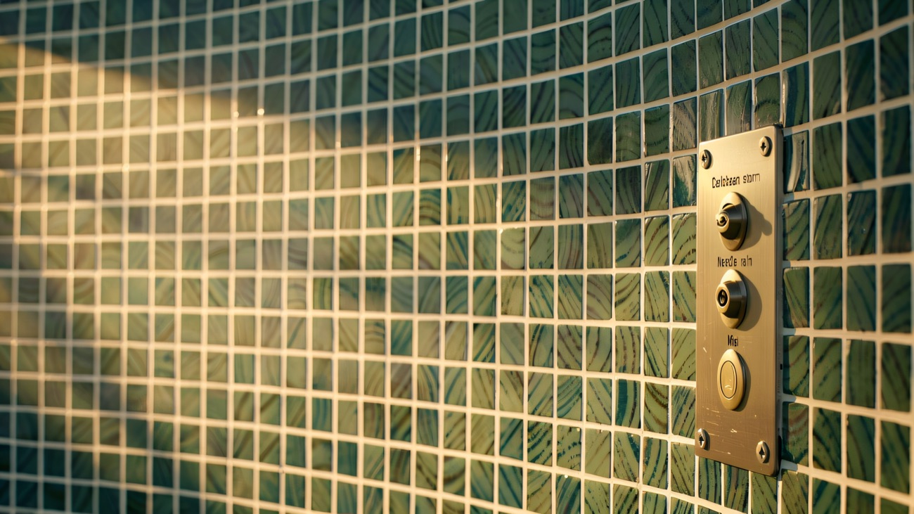 Experience shower buttons on the tiled wall: Caribbean storm, needle rain and mist