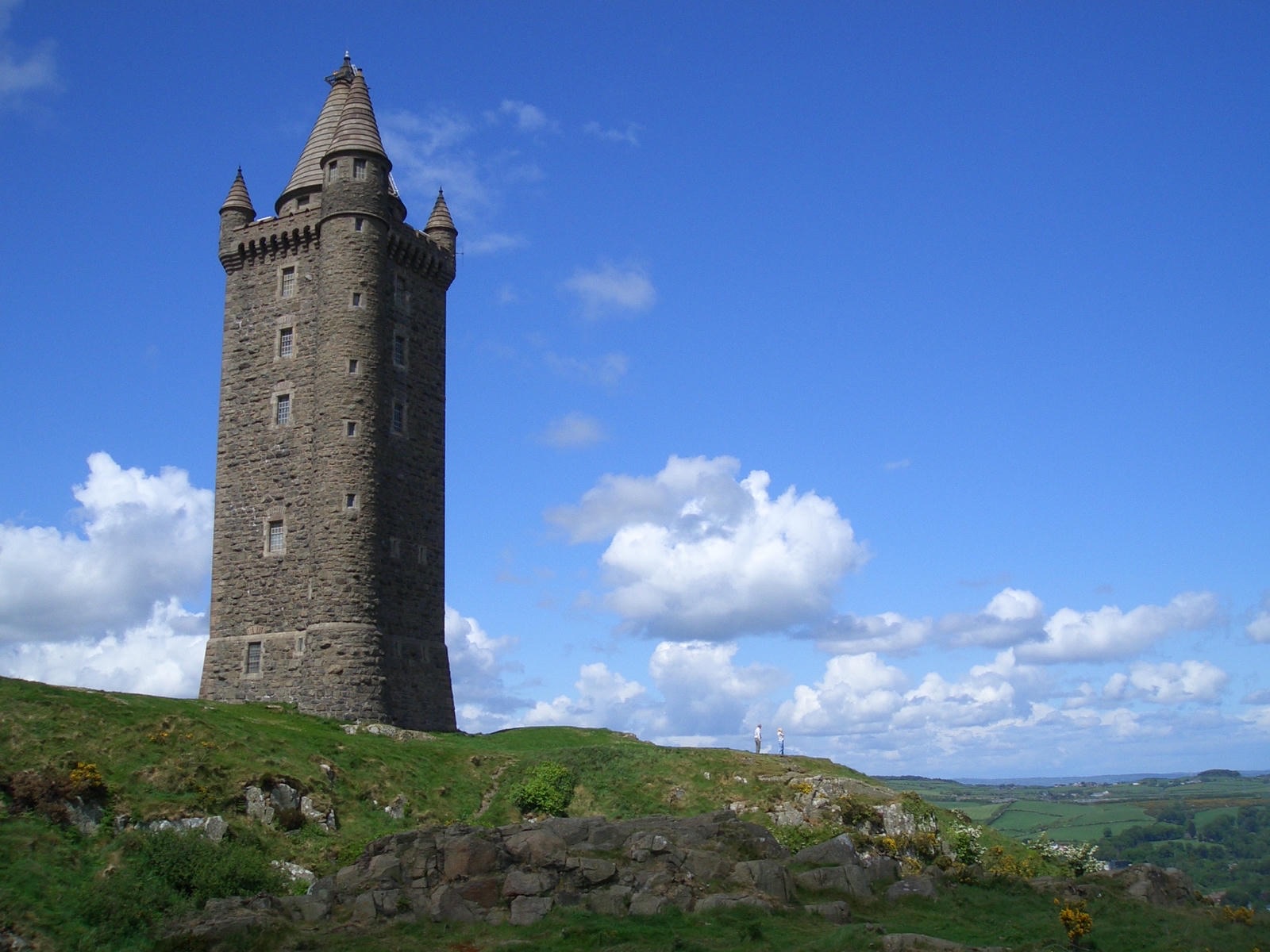 Scrabo Tower with the countryside and Strangford Lough view stretching away behind it