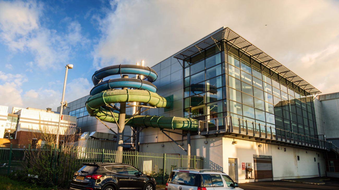 The centre from outside, with the water flumes coiling up the side of the building
