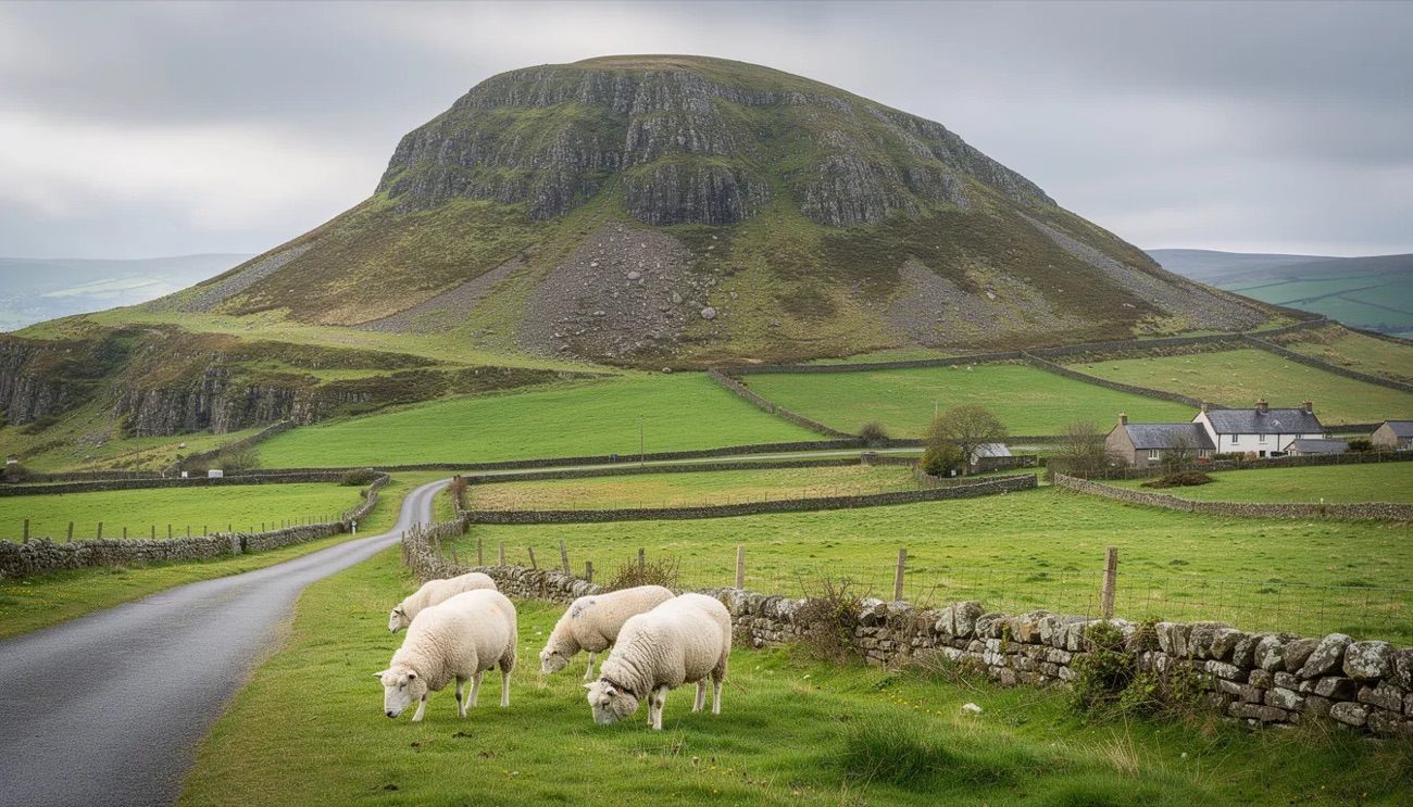 The view over the patchwork fields of Antrim from the rocky top of Slemish