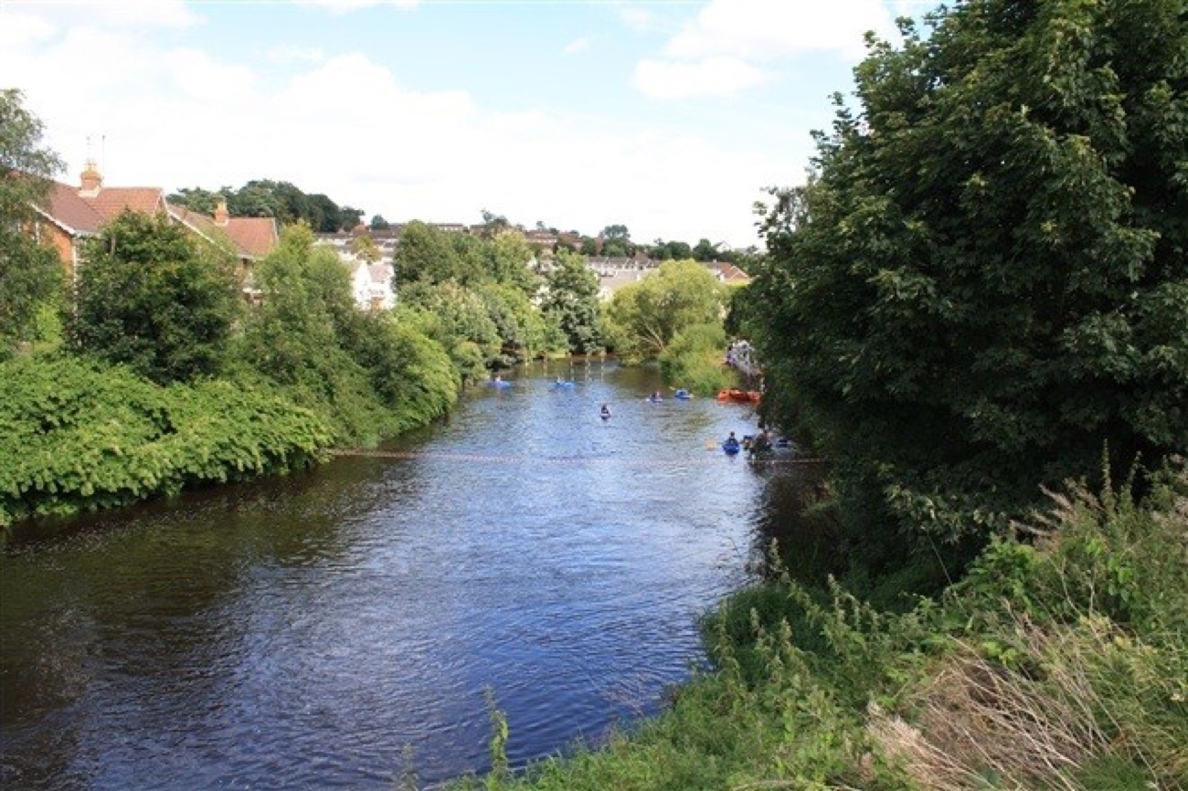 The River Bann running between wooded banks through Banbridge
