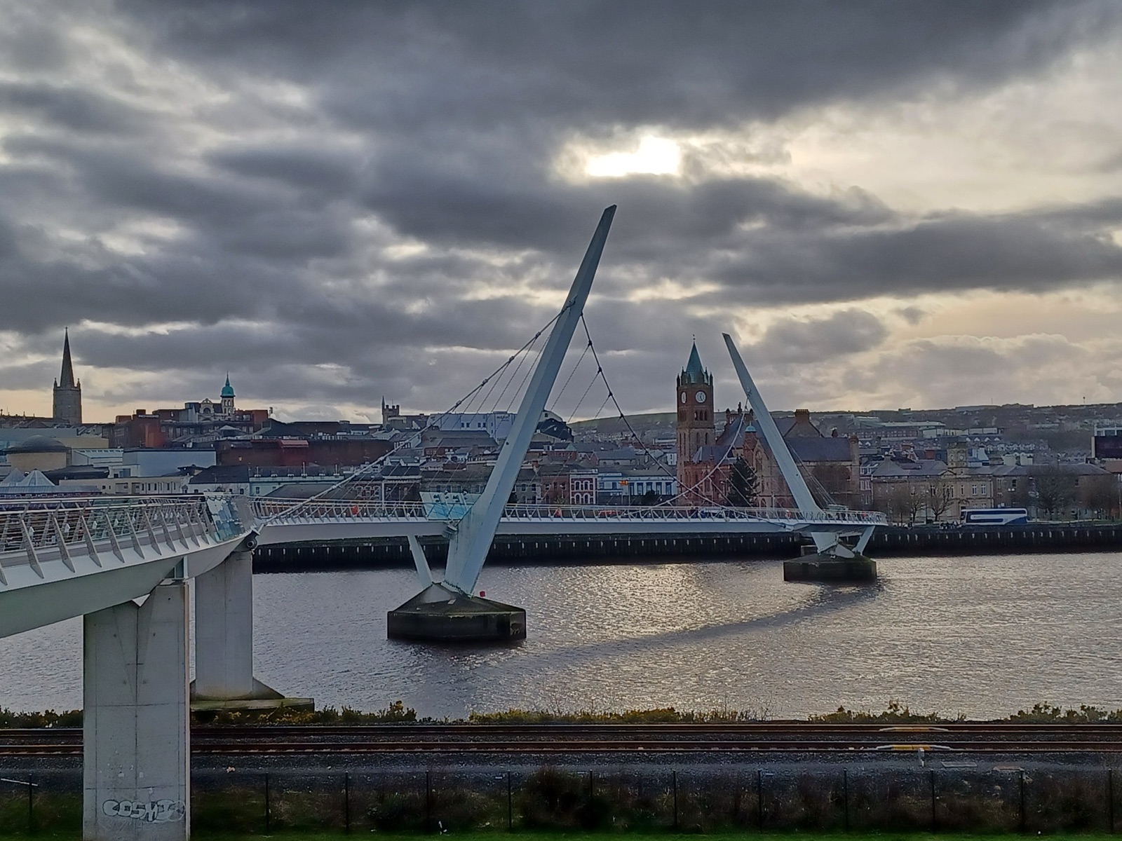 The Peace Bridge over the River Foyle linking St Columb's Park into Derry city centre