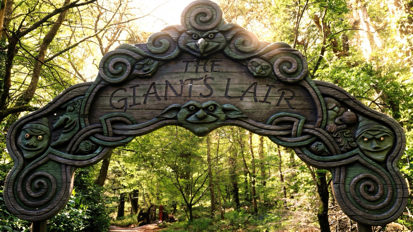 A carved timber gateway on the path through Slieve Gullion Forest Park