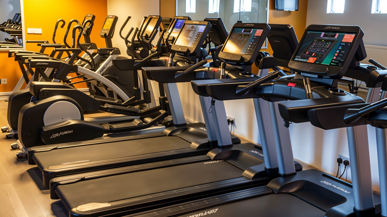 The fitness suite, treadmills lined up under a sunny yellow wall