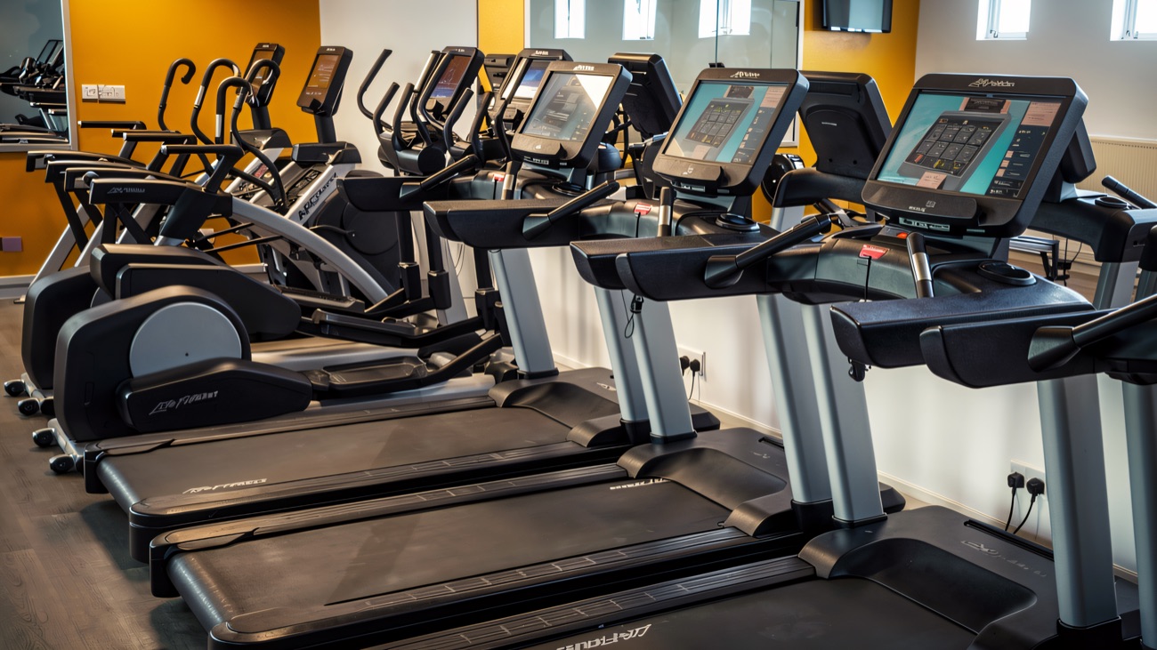 The gym, with a row of treadmills and cross trainers