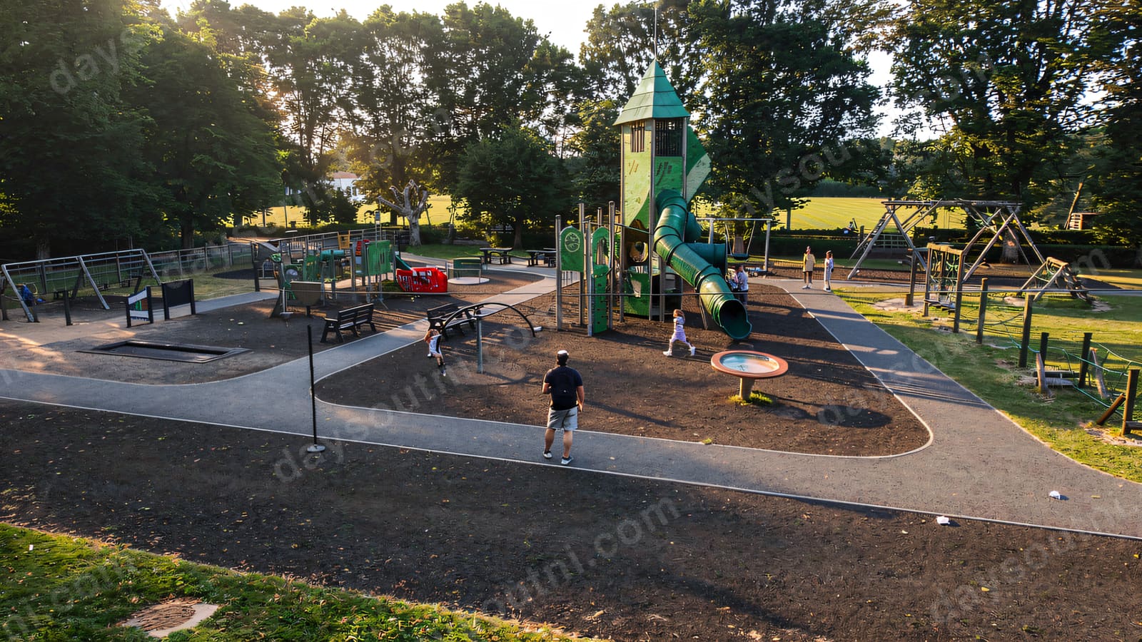 A green play tower with a spiral tunnel slide, swings and climbing frames on dark surfacing.