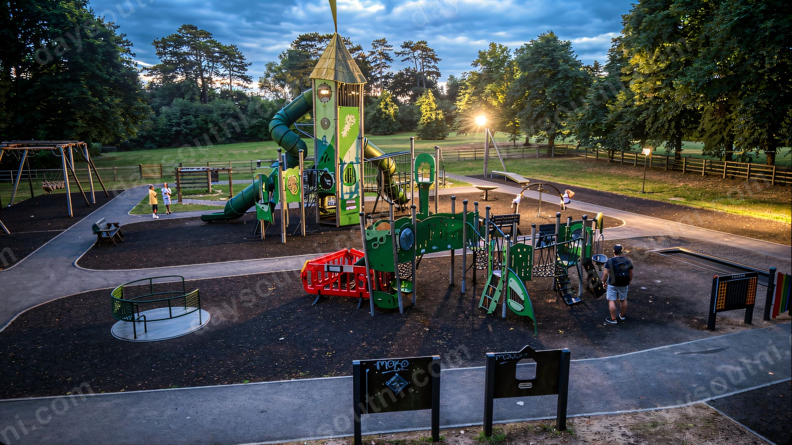 A wide view of the play park with the tower, roundabout and seating under mature trees.