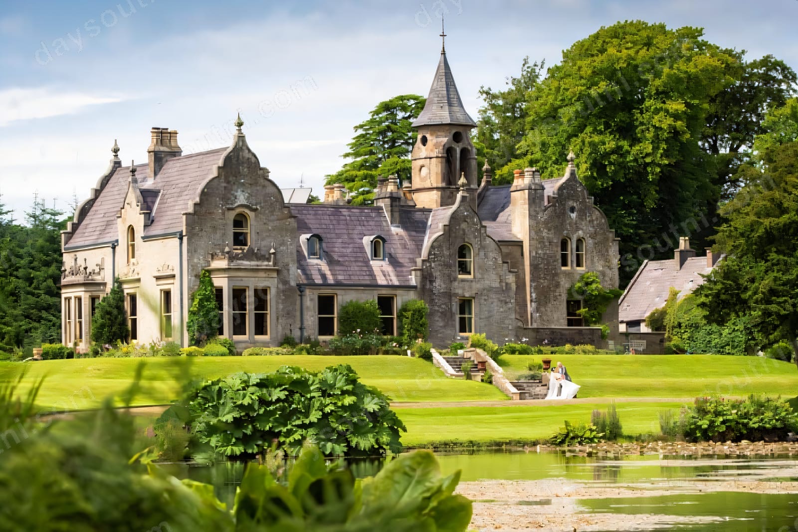 Tempo Manor, a grey Victorian house with a belfry spire, seen across the lily pond and lawns