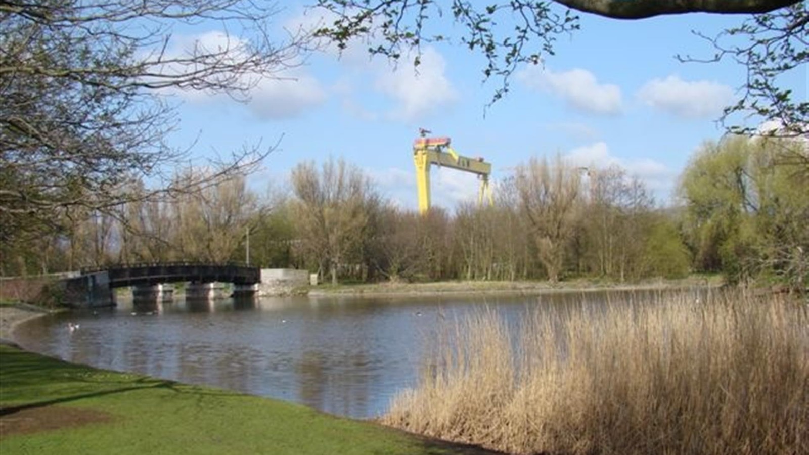 The lake at Victoria Park with the arched footbridge and the Goliath crane behind