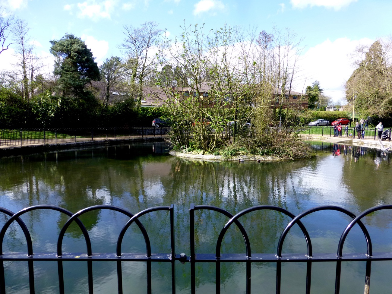 The duck pond at Wallace Park with its island and iron railings