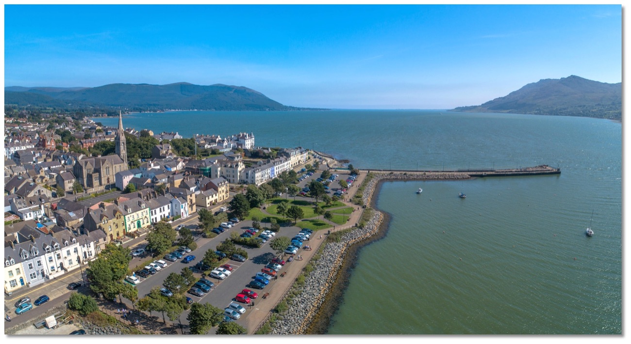Aerial view of Warrenpoint showing the park, the pier and Carlingford Lough with the Cooley Mountains beyond