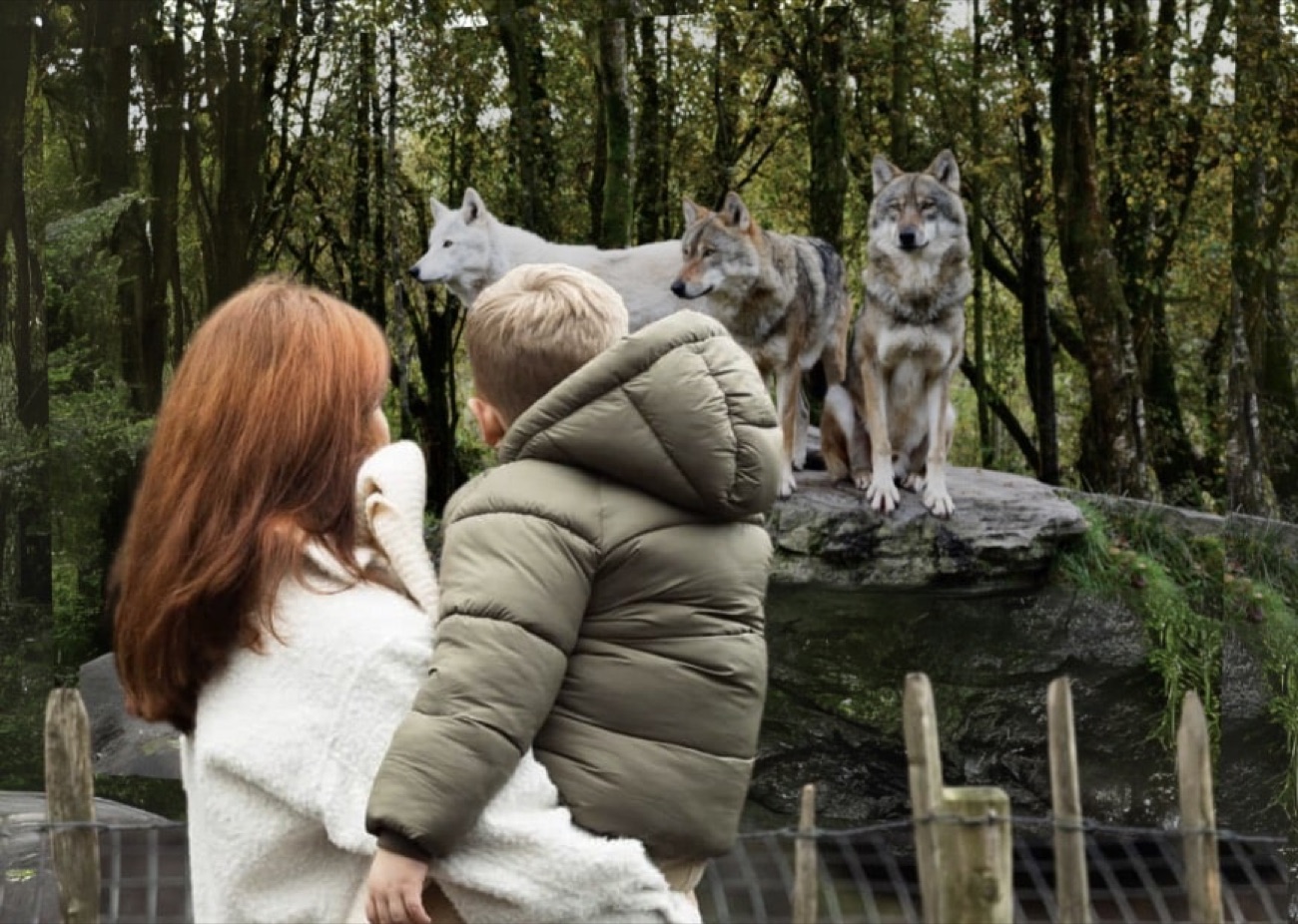 A family watching a pack of wolves gathered on a rock across the woodland enclosure
