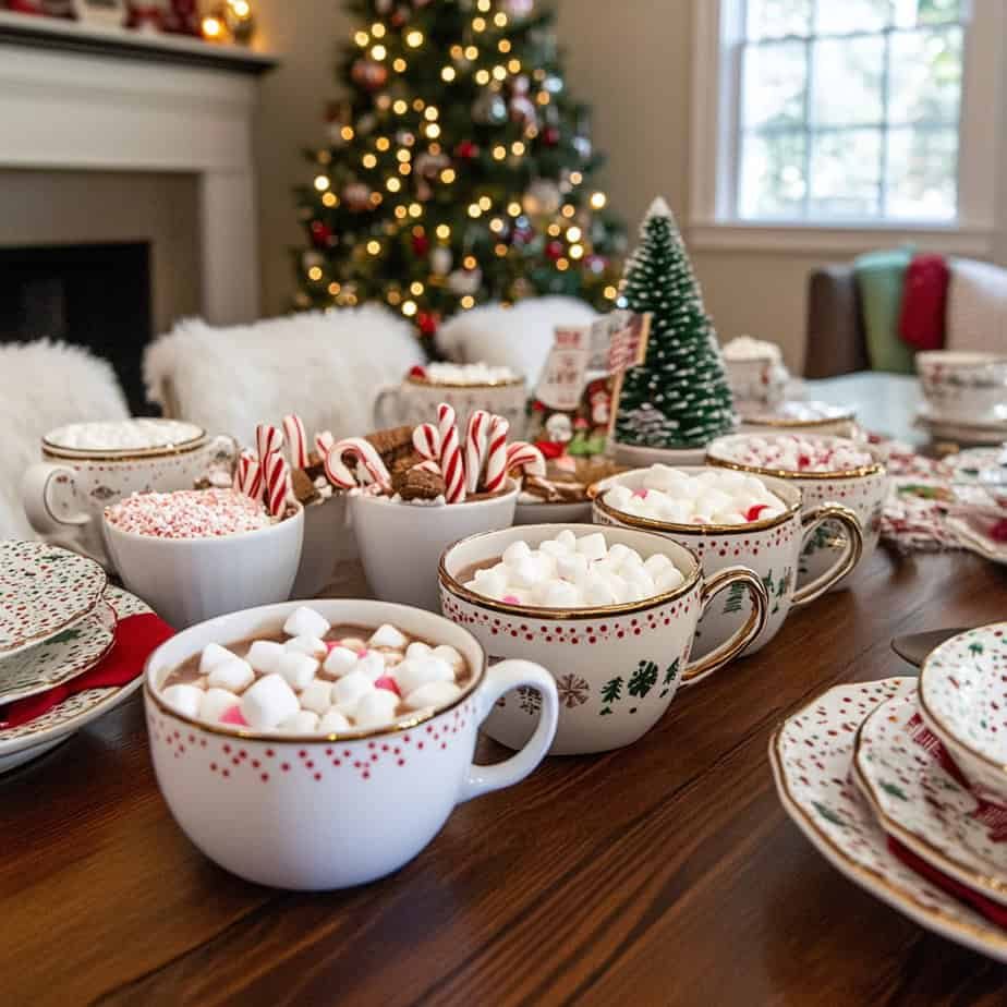 Festive mugs of marshmallow hot chocolate and candy canes on a Christmas table at Galgorm