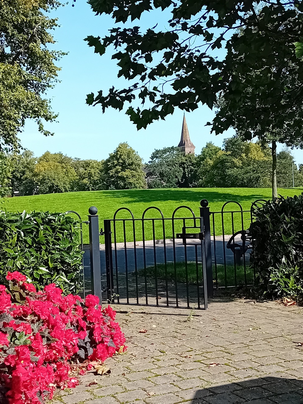 The green at Woodvale Park behind black railings with mature trees and a church spire beyond